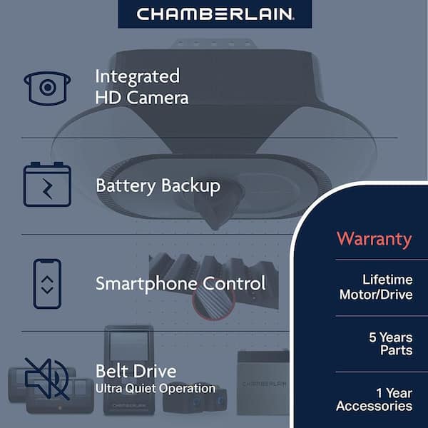 Chamberlain B6753T 1-1/4 HP LED Video Quiet Belt Drive Garage Door Opener with Integrated Camera & Battery Backup - 2