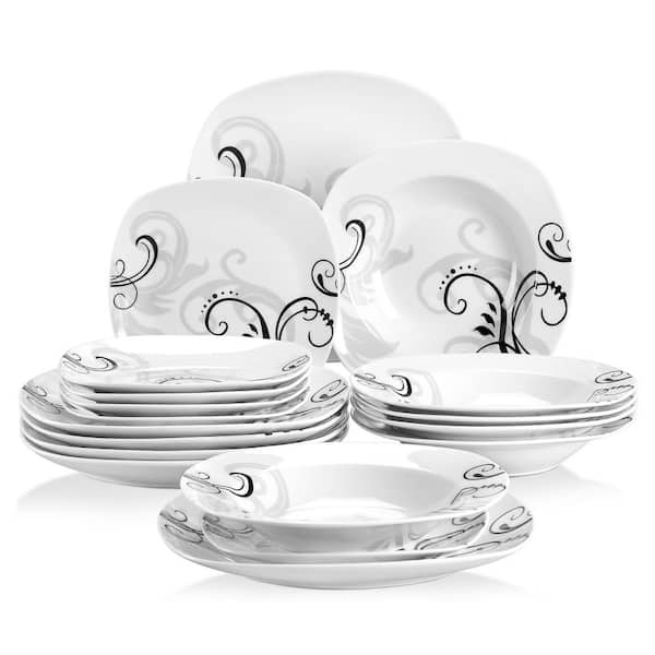 VEWEET 18-Piece White Porcelain Dinnerware Set Service for 6 Tableware Set with Dinner Plates Dessert Plates Soup Bowls