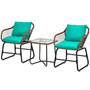 3-Piece Metal Outdoor Bistro Set with 2 Armchairs and Tempered Glass Table and Turquoise Cushions