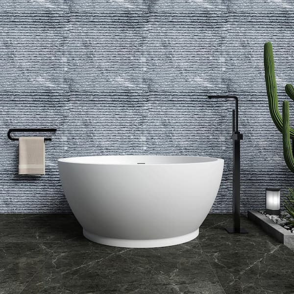 Moray 53 in. x 53 in. Stone Resin Flatbottom Round Solid Surface Freestanding Soaking Bathtub in White with Brass Drain