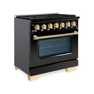 BOLD 36" 5.2CuFt. 6 Burner Freestanding Dual Fuel Range with Gas Stove and Electric Oven, Glossy Black with Brass Trim