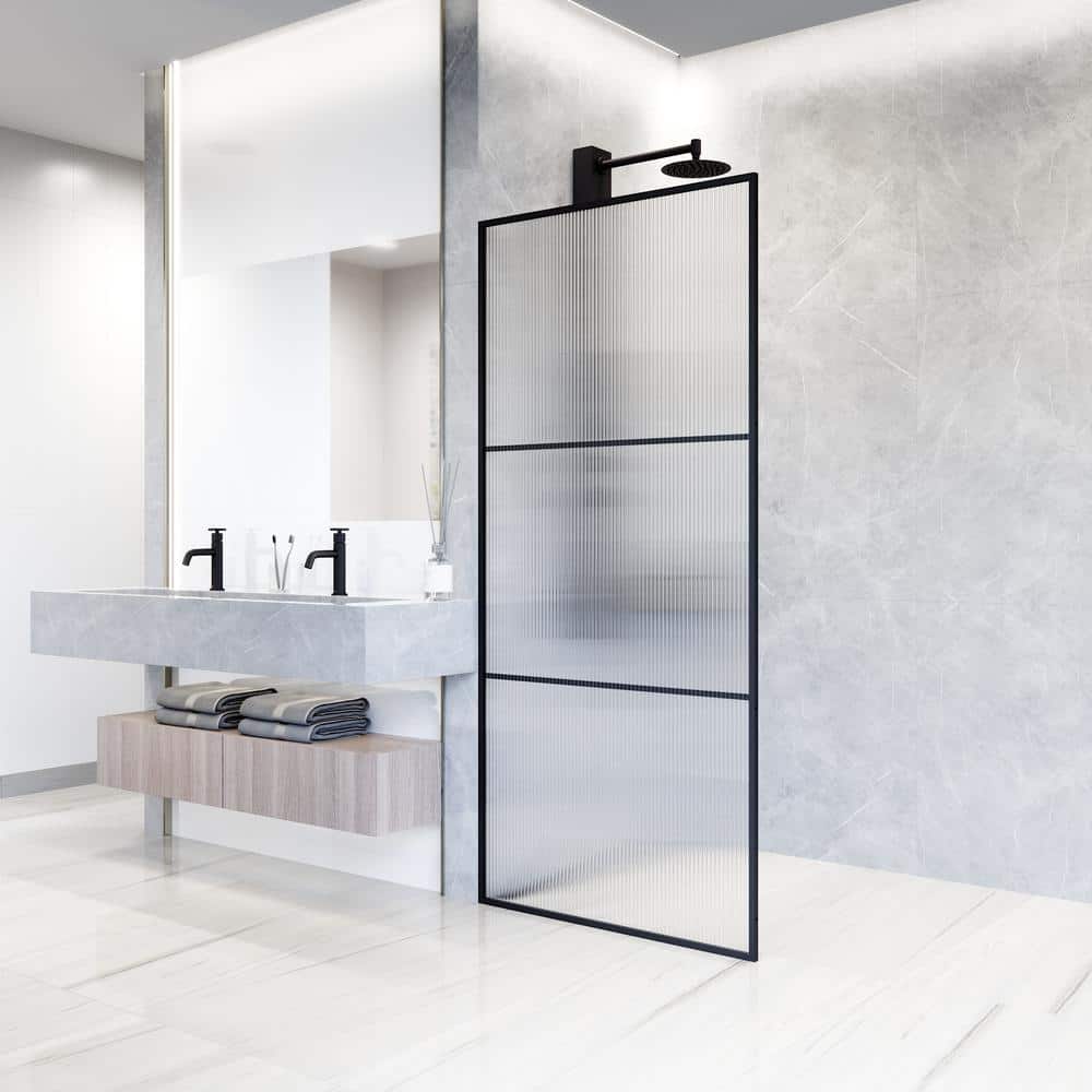 Divide 34" W x 74" H Matte Black Fluted Glass Shower Screen