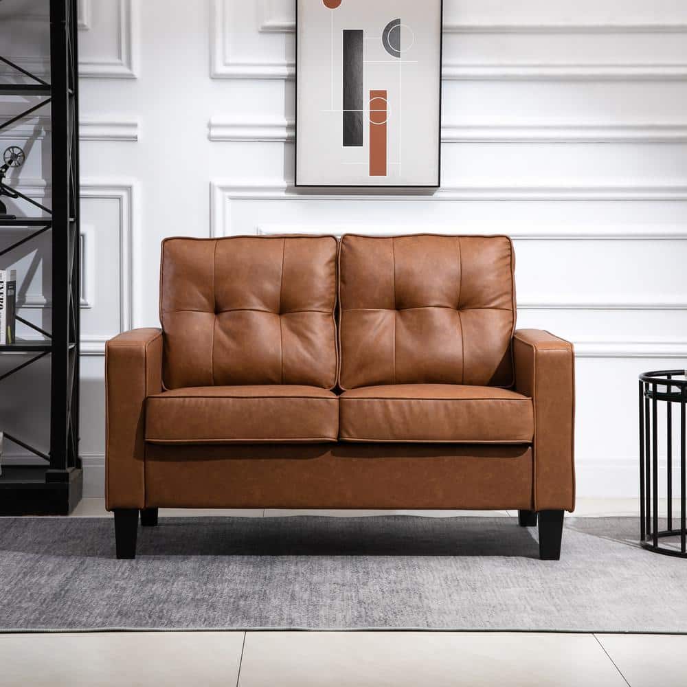 Classic Brown Faux Leather 51.5" Loveseat with Metal Track Arms