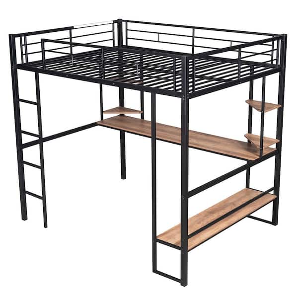 ATHMILE Full Size Loft Metal&MDF Bed with Long Desk and Shelves, Black