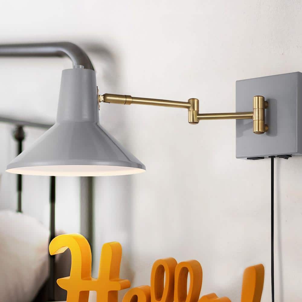 Black Iron Swing Arm Plug-In Wall Sconce with USB Port