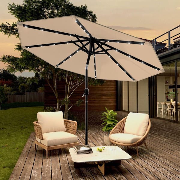 JOYESERY 9 ft. Steel Solar-powered Round Outdoor Market Patio Umbrella with Crank in Beige