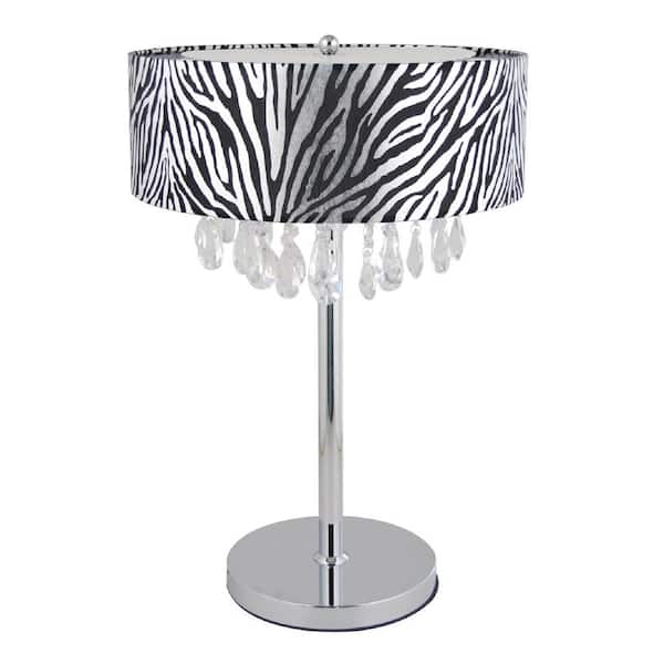 Elegant Designs Romazzino Crystal Collection 22.25 in. Chrome Table Lamp with Zebra Print Ruched Fabric Drum Shade