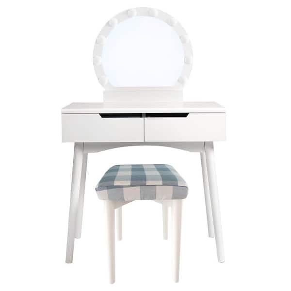 THE URBAN PORT 2- Drawer White Vanity Dresser Table Set with LED Mirror and Cushioned Stool (15.7 in. D x 31.5 in. W x 51.4 in. H )