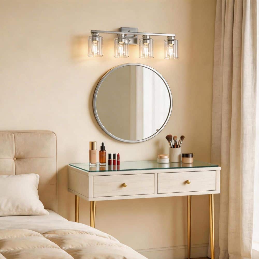 25 in. 4-Light Nickel Modern Cylinder Vanity Light with Straight Arms and Clear Glass Shades for Bathroom or Bedroom price history on PriceWatchPro