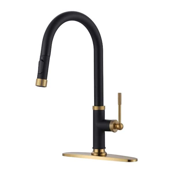 17 in. Single Handle Metal Pull Down Sprayer Kitchen Faucet with 360° Swivel Spout and Supply Hoses in Black and Gold