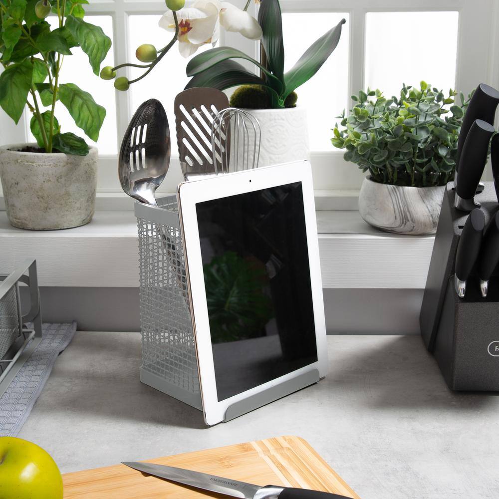 Gray Stainless Steel Square Tablet and Utensil Holder