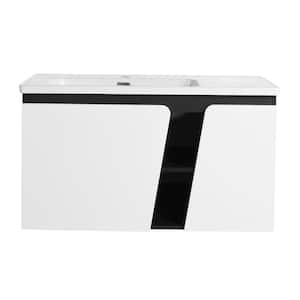 35.6 in. Wall-Mounted White+Black Bath Vanity with White Ceramic Sink Top Unassembled