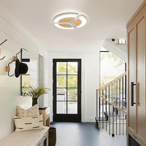 16 in. White and Wood Dimmable Integrated LED Modern Novel Splicing Circular Shape Flush Mount Ceiling Light with Remote