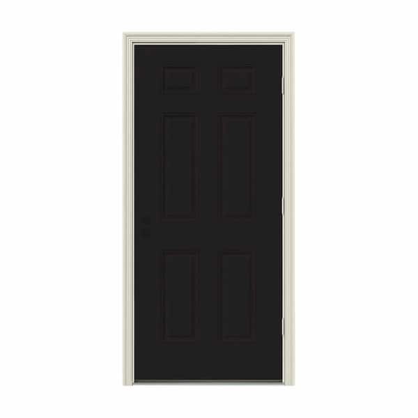 JELD-WEN 34 in. x 80 in. 6-Panel Black Painted Left-Hand Outswing Steel Prehung Front Door w/Brickmould