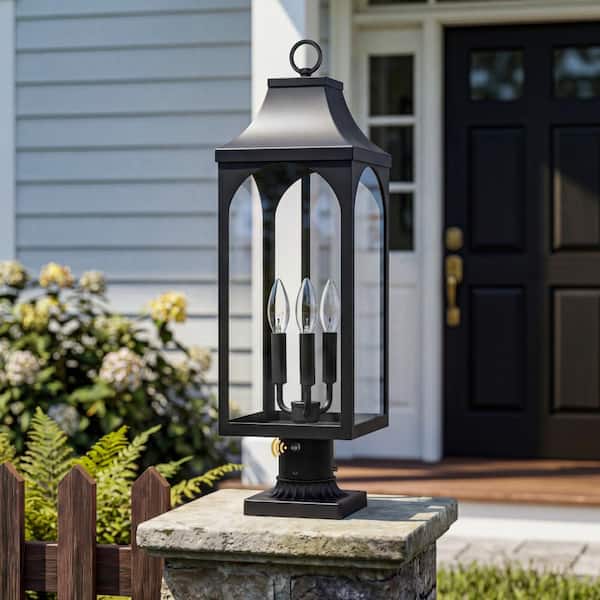 26.5 in. H Black Outdoor Post Light with Pier Mount Base, Dusk to Dawn Sensor, Weather Resistant Pier Mount Lantern