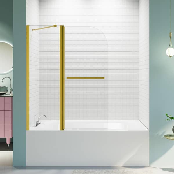 43 in. W x 58 in. H Frameless Folding Pivot Glass Tub Door Hinged Bath Tub Door Brushed Gold with Clear Glass