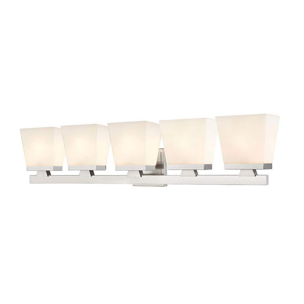 Astor 36 in. 5-Light Brushed Nickel Vanity-Light with Etched Opal Glass Sha