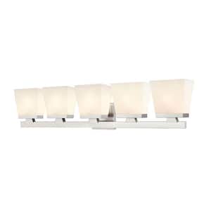 Astor 36 in. 5-Light Brushed Nickel Vanity-Light with Etched Opal Glass Shades