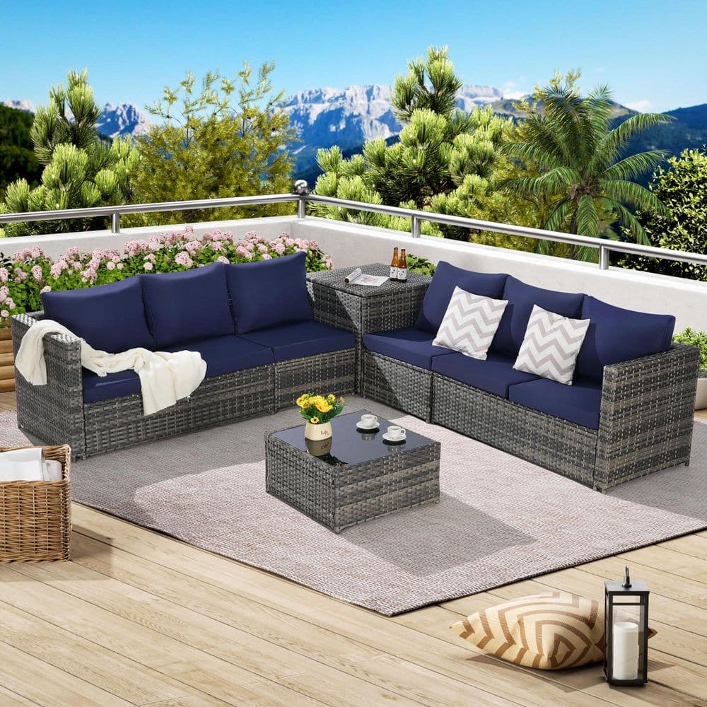 6-Piece Gray Wicker Patio Conversation Set with Dark Blue Cushions ...