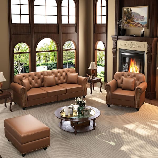 82.6 in. Rolled Arm Faux Leather Sofa in Brown with Nailhead Trim,Rolled Armrests,1 Ottoman and 4 Pillows