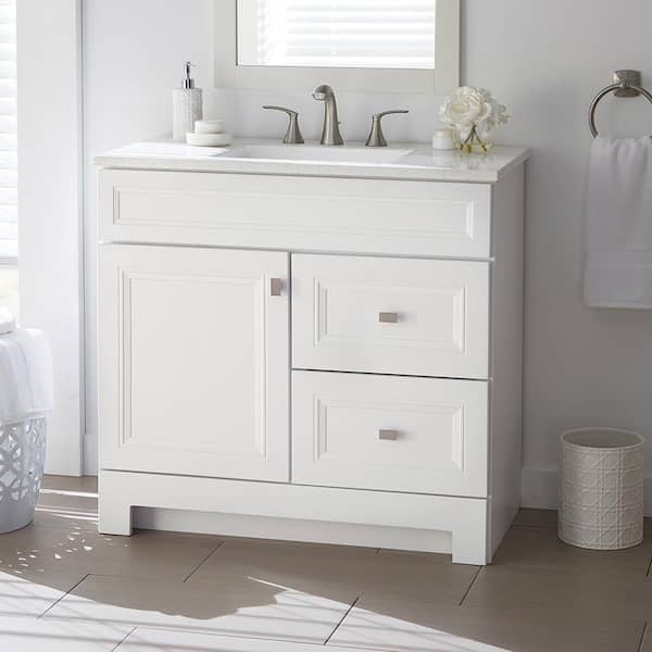 Home Decorators Collection Sedgewood 36.5 in. W x 18.8 in. D x 34.4 in. H Freestanding Bath Vanity in White with Arctic Solid Surface Top