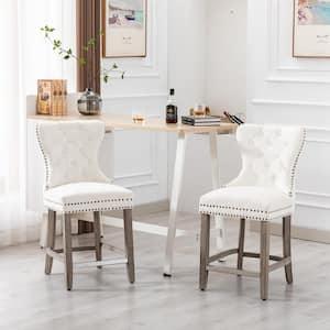 Harper 24 in. in Cream Velvet Tufted Wingback Kitchen Counter Bar Stool with Solid Wood Frame in Antique Gray (Set of 2)