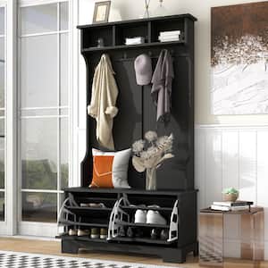 Black All in One 39.3 in. W Hall Tree with 3 Top Shelves, 4 Metal Hanging Hooks, and 2 Flip Shoe Storage Drawers