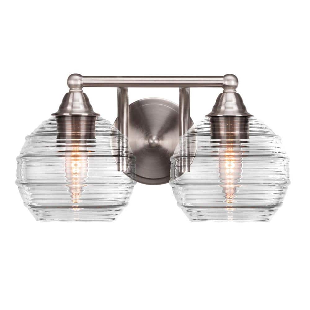 Madison 8 in. 2-Light Bath Bar, Brushed Nickel, Clear Ribbed Glass Vanity L