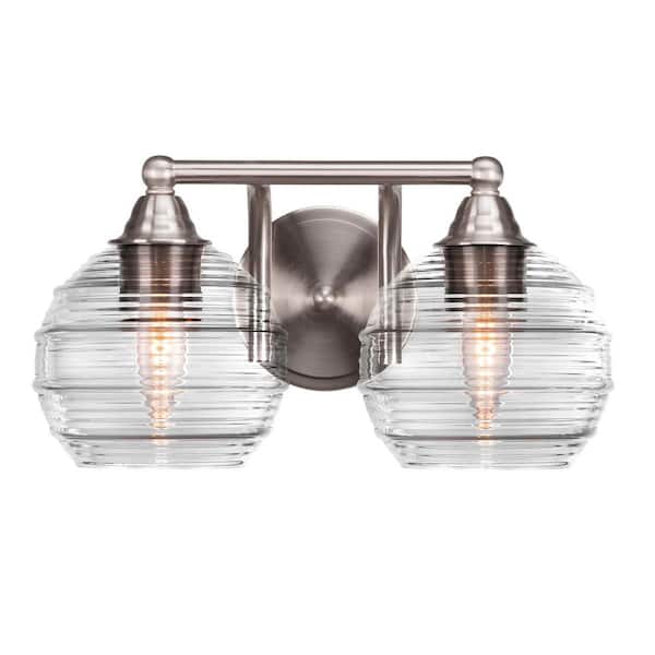 Unbranded Madison 8 in. 2-Light Bath Bar, Brushed Nickel, Clear Ribbed Glass Vanity Light
