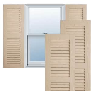 Timberthane Sandblasted 18 in. W x 72 in. H Louvered Polyurethane Shutters Pair in Primed Tan (Sold As Pair)