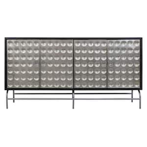 Chandi 67 in. Dark Brown Mango Wood 4-Door Storage Cabinet with Silver Cladded Pattern Door Facades, Grey Metal Base