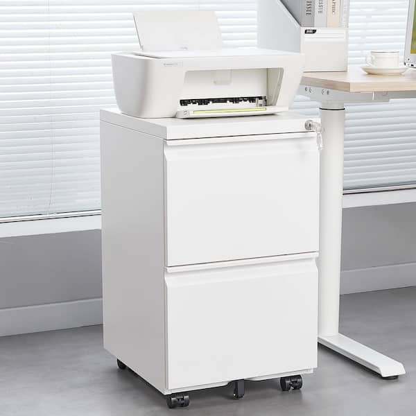 2-Drawer White Metal 15.35 in. W Mobile File Cabinet with Lock and Wheels