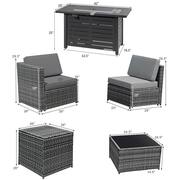 9-Pieces Rattan Dinning Set Wicker Patio Conversation Set w/60000 BTU Propane Fire Pit and Grey Cushions