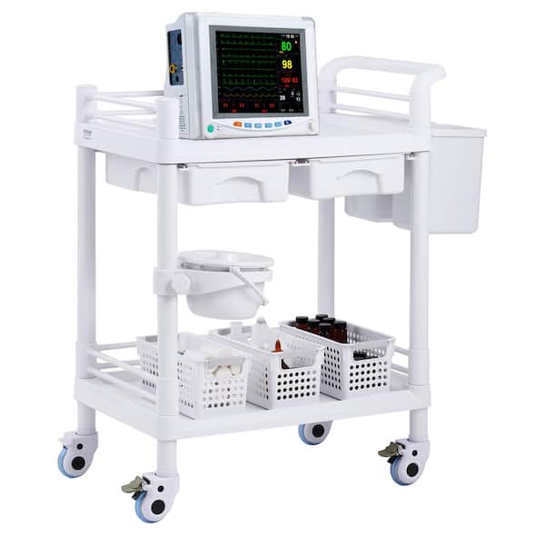 SKYSHALO 2 Tiers Lab Carts, Lab Utility Cart with 2 Trays, 2 Drawers Mobile Medical Cart with PP Material White Kitchen Cart