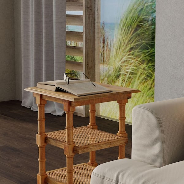 Carolina Chair & Table Chesterfield 18 in. Square Natural Wood and Cane End Table with 3-Shelves