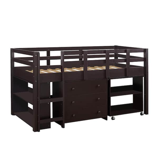 MAYKOOSH Espresso Twin Loft Bed with Desk, Low Study Kids Loft Bed, Low Loft Bed with Desk, Storage Cabinet, Ladder