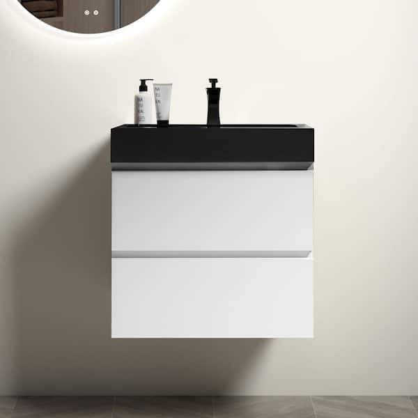 Dimakai 24 in. Single Sink Wall Mounted Glossy White Bath Vanity with Black Solid Surface Top Unassembled