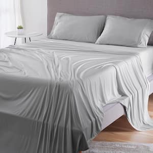 Dri-Tec 4-Piece Sheet Set Polyester Moisture Wicking Breathable Sheets Light Grey Split Head Queen