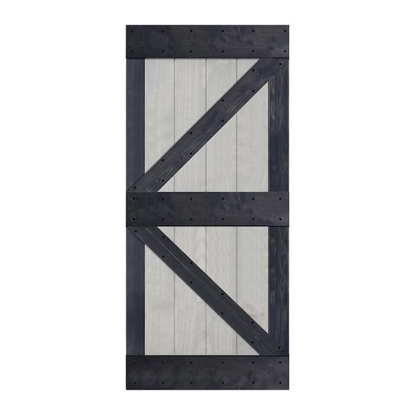 ISLIFE K Style 38 in. x 84 in. French Gray/Carbon Gray Finished Solid Wood Sliding Barn Door Slab - Hardware Kit Not Included