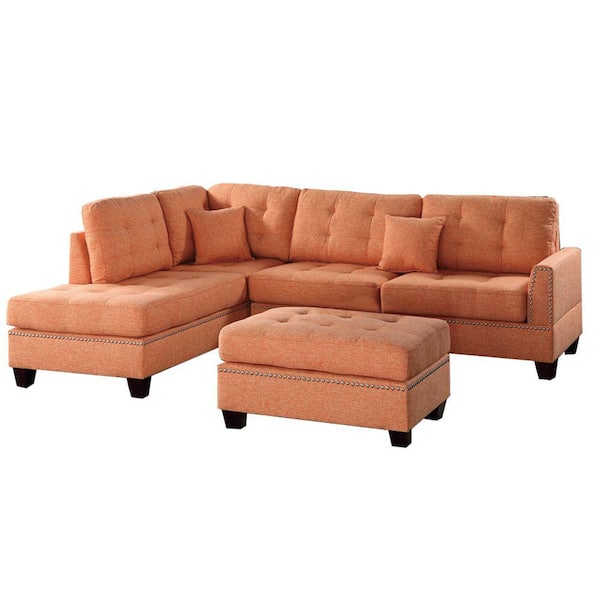 Benjara 3-Piece Orange Fabric 4-Seater L-Shaped Sectional Sofa with Wood Legs