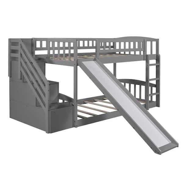 maocao hoom Solid Gray Twin Over Full Wood Bunk Bed