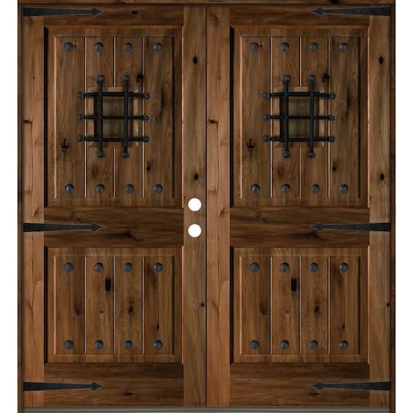 72 in. x 80 in. Mediterranean Knotty Alder Square Top with Provincial Stain Left-Hand Wood Double Prehung Front Door