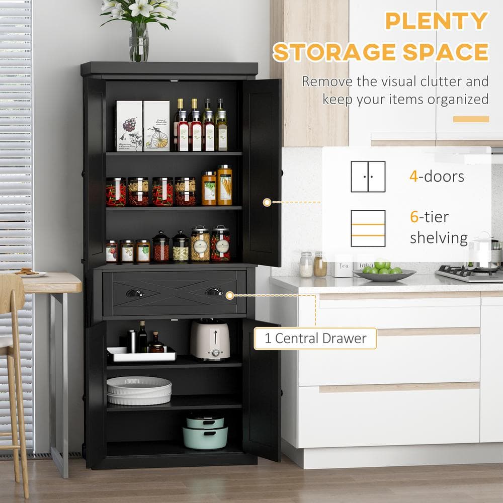 Black Freestanding Farmhouse Kitchen Pantry Cabinet with Adjustable Shelves