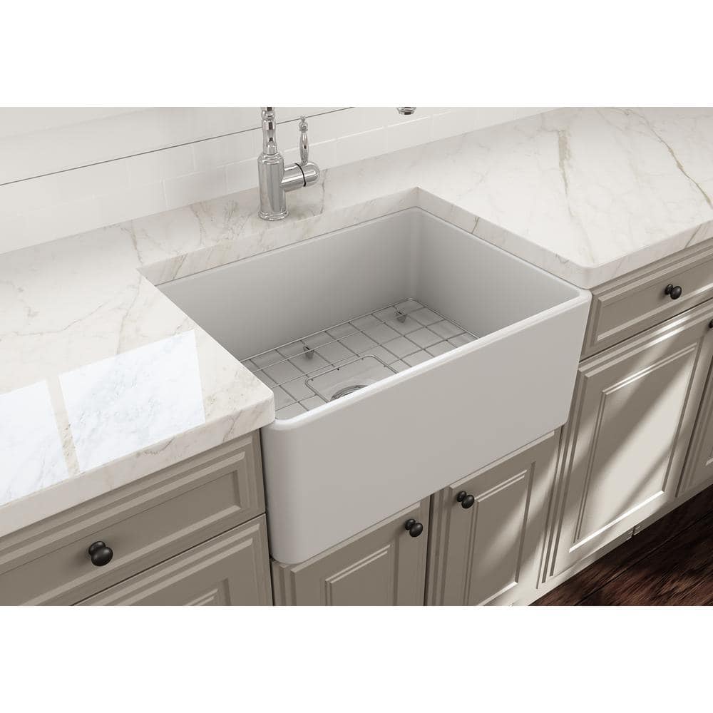Matte White Fireclay Farmhouse Apron Front Single Bowl Kitchen Sink