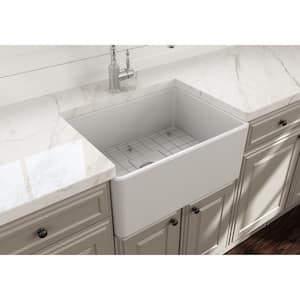Classico Farmhouse Apron Front Fireclay 24 in. Single Bowl Kitchen Sink with Bottom Grid and Strainer in Matte White