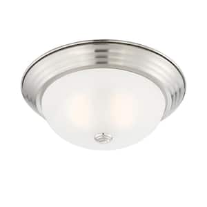 13.25 in. 2-Light Satin Platinum Interior Ceiling Light Flush Mount with Etched Glass Shade