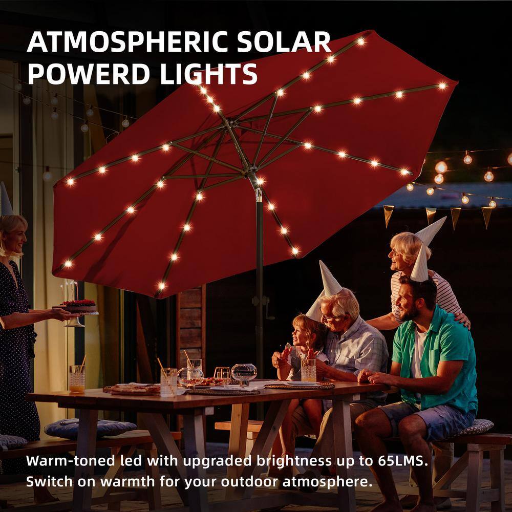 Burgundy 9 ft. Solar LED Market Patio Umbrella with Crank and Tilt