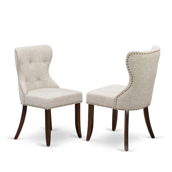 East West Furniture Mahogany, Parson Dining Room Chairs - Button Tufted Nailhead Trim Doeskin Linen Fabric Upholstered Chairs, Set Of 2