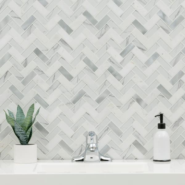 Bytle Bianco Herringbone 13 in. x 14 in. x 0.24 in. Glass Mesh-Mounted Mosaic Wall Tile (15 sq. ft./Case)