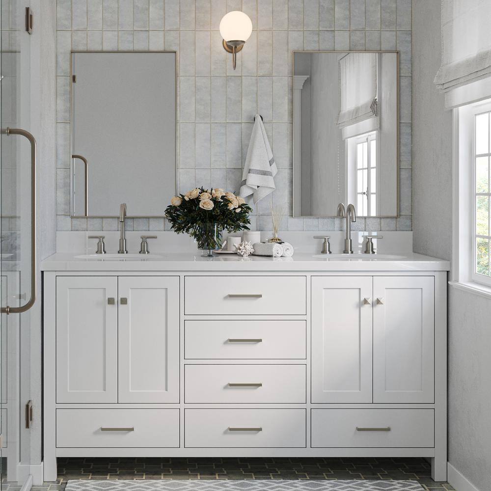 ARIEL Cambridge 67 in. W x 22 in. D x 36 in. H Double Bath Vanity in White  with Pure White Qt. Top with White Basins A067DWQOVOWHT - The Home Depot